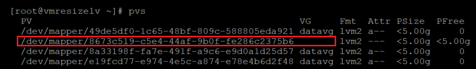 Captura de tela mostrando o código que verifica se o volume físico foi adicionado à configuração LVM. O resultado está realçado.