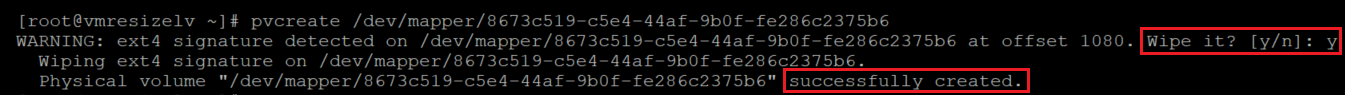 Captura de tela mostrando o código que cria um volume físico na camada criptografada. Os resultados estão realçados.