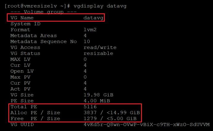 Captura de tela mostrando o código que verifica o tamanho e o espaço livre do grupo de volumes. Os resultados estão realçados.