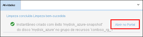 Captura de tela do Gerenciador de Armazenamento do Azure que realça a localização do link no painel Atividades com as mensagens de status de instantâneo.