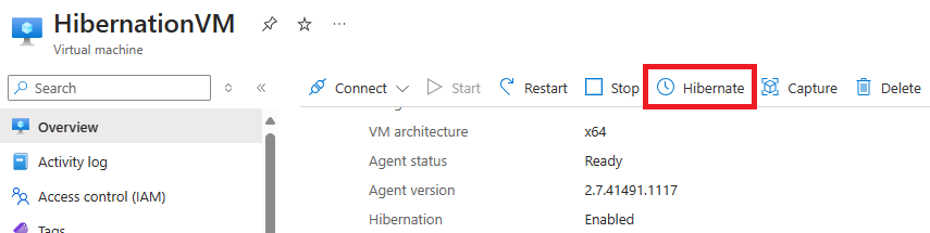 Captura de tela do botão para hibernar uma VM no portal do Azure.