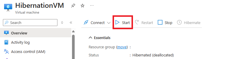 Captura de tela do botão no portal do Azure para iniciar uma VM hibernada com um status sublinhado listado como “Hibernada (desalocada)”.