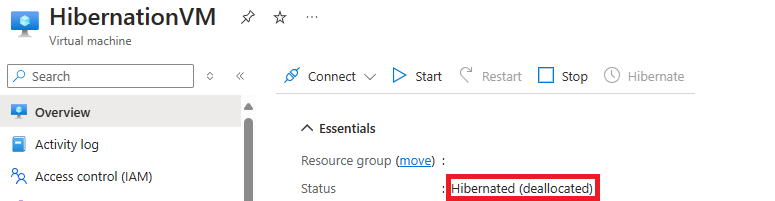 Captura de tela do status da VM hibernada na listagem do portal do Azure como “Hibernada (desalocada)”.