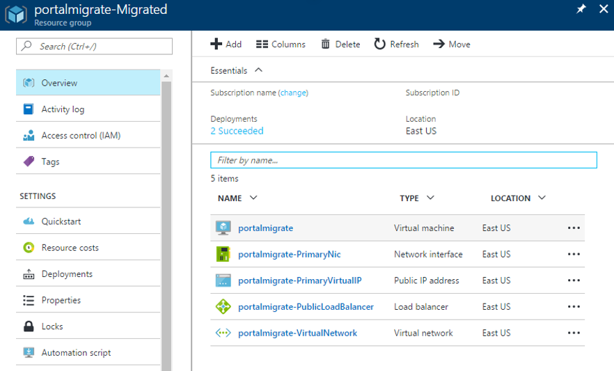 Captura de tela que mostra os recursos do Azure Resource Manager na operação de preparação