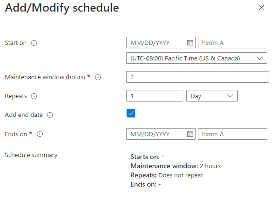 Captura de tela mostrando as opções de agendamento para a aplicação de atualizações.