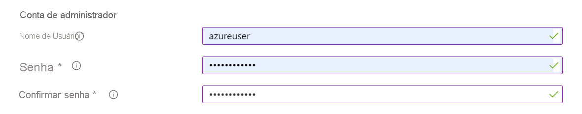 Captura de tela da seção Conta de administrador, onde você fornece o nome de usuário e a senha do administrador.