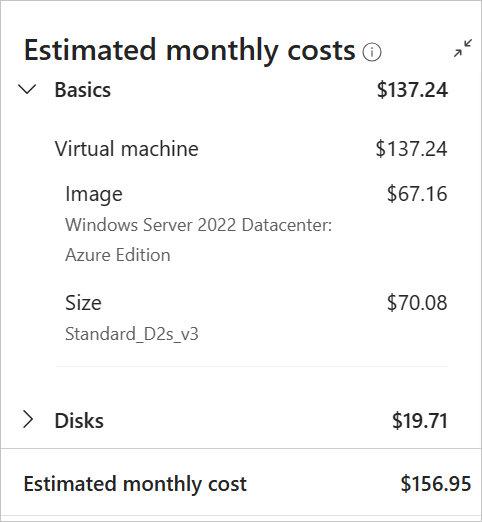 Screenshot of Windows virtual machine estimated cost on creation page in the Azure portal.