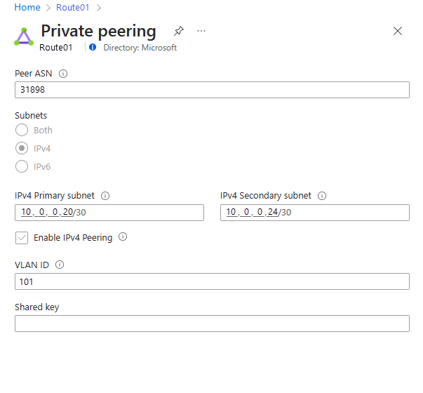 Private peering settings