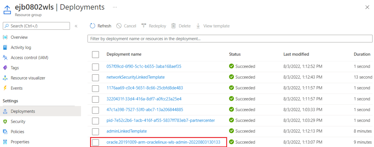 Screenshot of the Azure portal that shows the resource group deployments list.