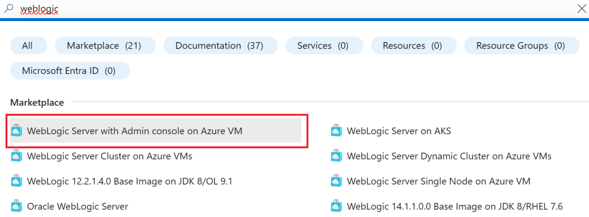 Screenshot of the Azure portal that shows WebLogic Server in the search results.
