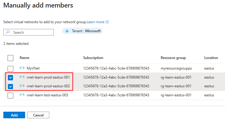 Captura de tela da seleção de redes virtuais no painel para adicionar membros manualmente.