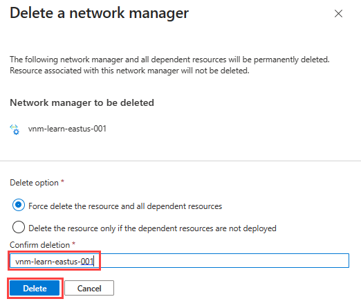 Captura de tela do painel para excluir um gerenciador de rede.