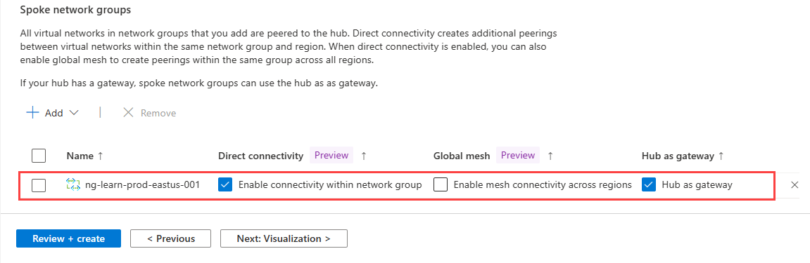 Captura de tela das definições para a configuração do grupo de rede.