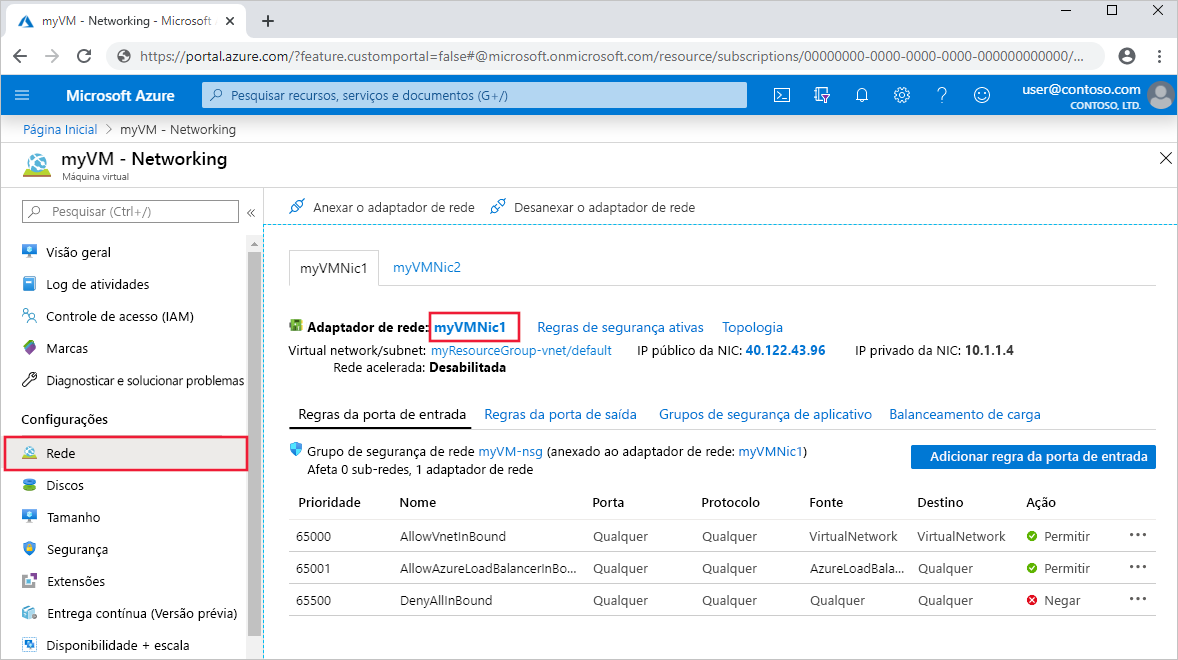 Captura de tela que mostra as configurações da interface de rede virtual no portal do Azure.