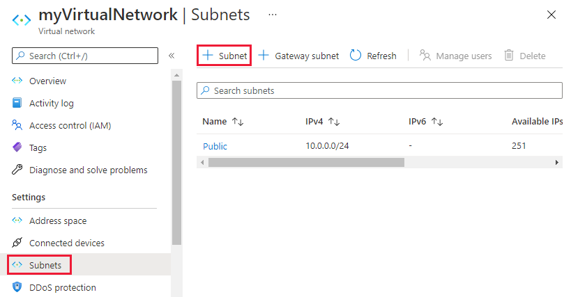 Captura de tela da adição de sub-rede a uma rede virtual existente.
