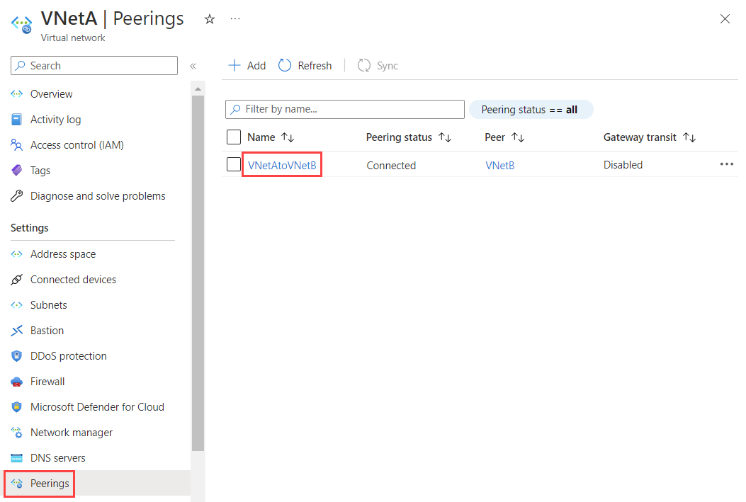 Screenshot of select a peering to change settings from the virtual network.