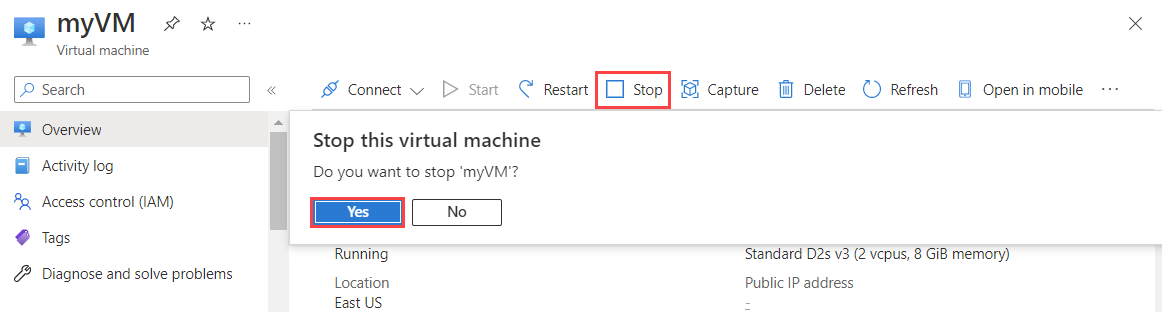 Captura de ecrã de parar uma máquina virtual no portal do Azure.