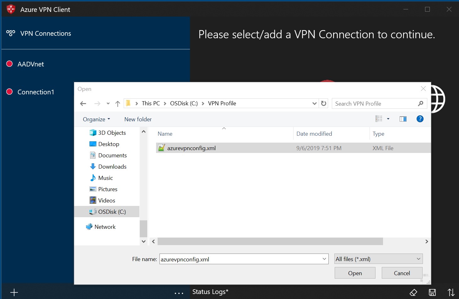 Screenshot that shows a profile x m l file selected.