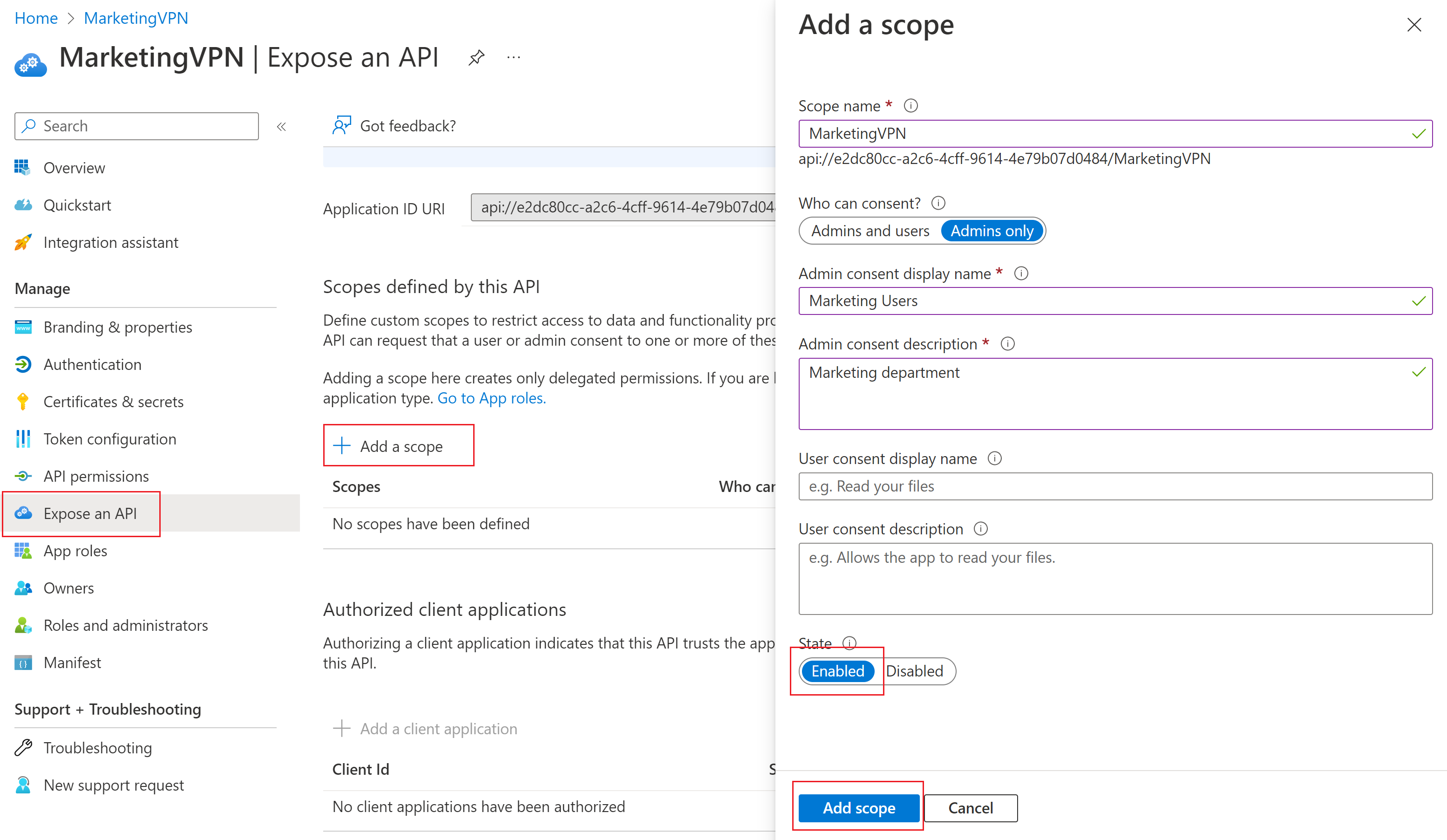 Screenshot of Microsoft Entra ID add a scope page.