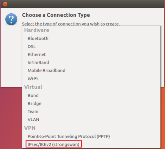 Screenshot shows select connection type.