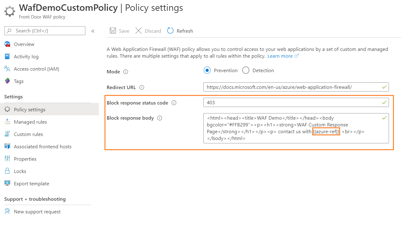 Captura de tela que mostra as configuração de política do Firewall de Aplicativo Web do Azure.
