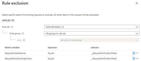 Screenshot that shows rule exclusion for a rule set.