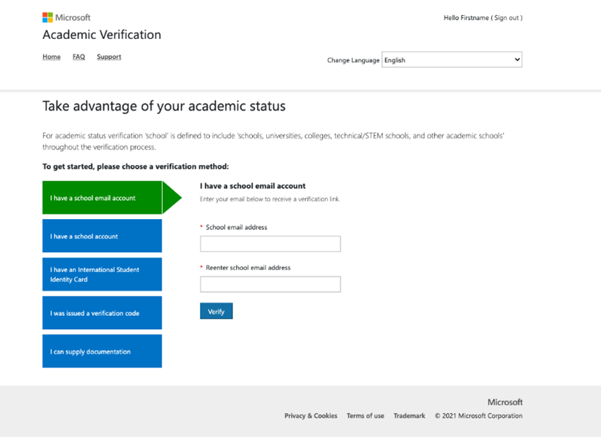 The Microsoft Academic Verification screen showing academic email fields. Other methods of verification are listed in the navigation.