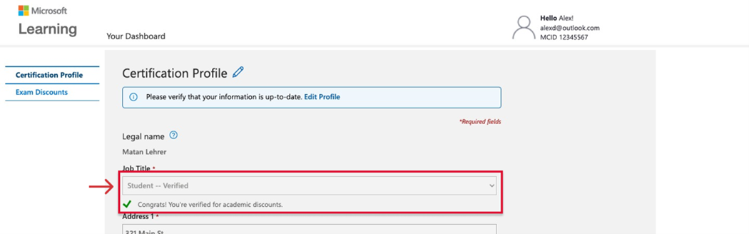 A certification profile highlighting the job title field containing the words Student – Verified.