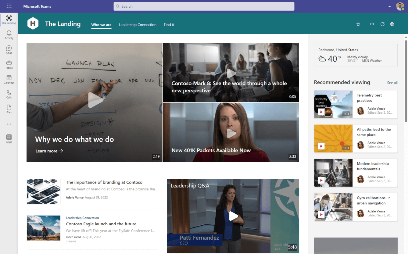 Organization intranet home page being shown via Viva Connections as a tab in Teams. Videos are shown on the page for recommended viewing, trending videos, and video player.