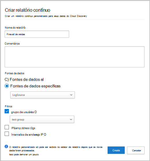 Captura de tela da criação de um relatório contínuo personalizado.