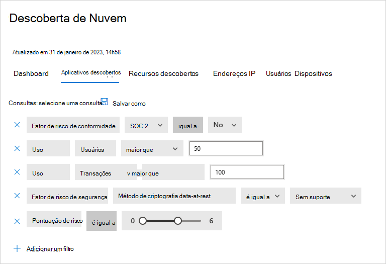 Captura de tela de exemplos de filtros de aplicativos descobertos.