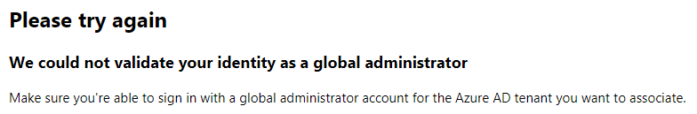 Não foi possível validar sua identidade como administrador global