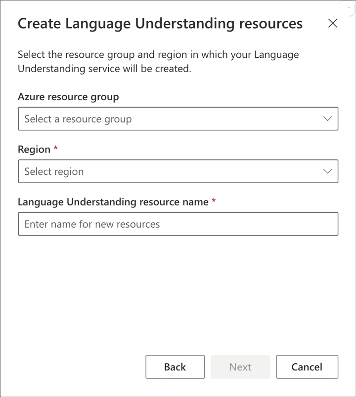 Create Language Understanding resources window