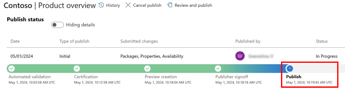 Captura de tela da barra 'Status da publicação' mostrando que o conector está publicado.