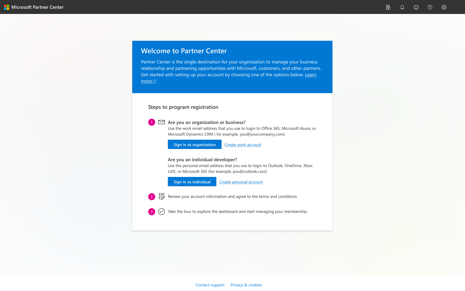 Page: 'Welcome to Partner Center: Steps to program registration'