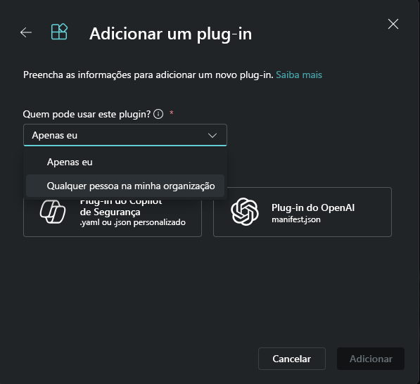 Captura de ecrã que mostra a adição de um plug-in como proprietário.
