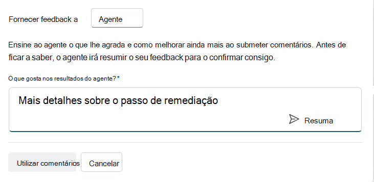 Opção de feedback do agente