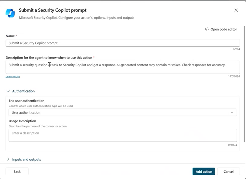 Configurar as opções, entradas e saídas da ação
