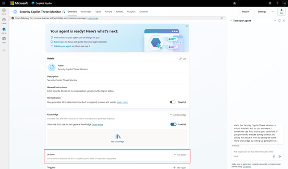 Adicionar ações ao agente Copilot Studio nos passos do acionador