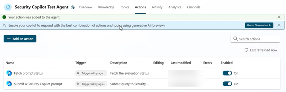 Mostra o pedido de obtenção de duas ações status e submeter um pedido no agente do Security Copilot