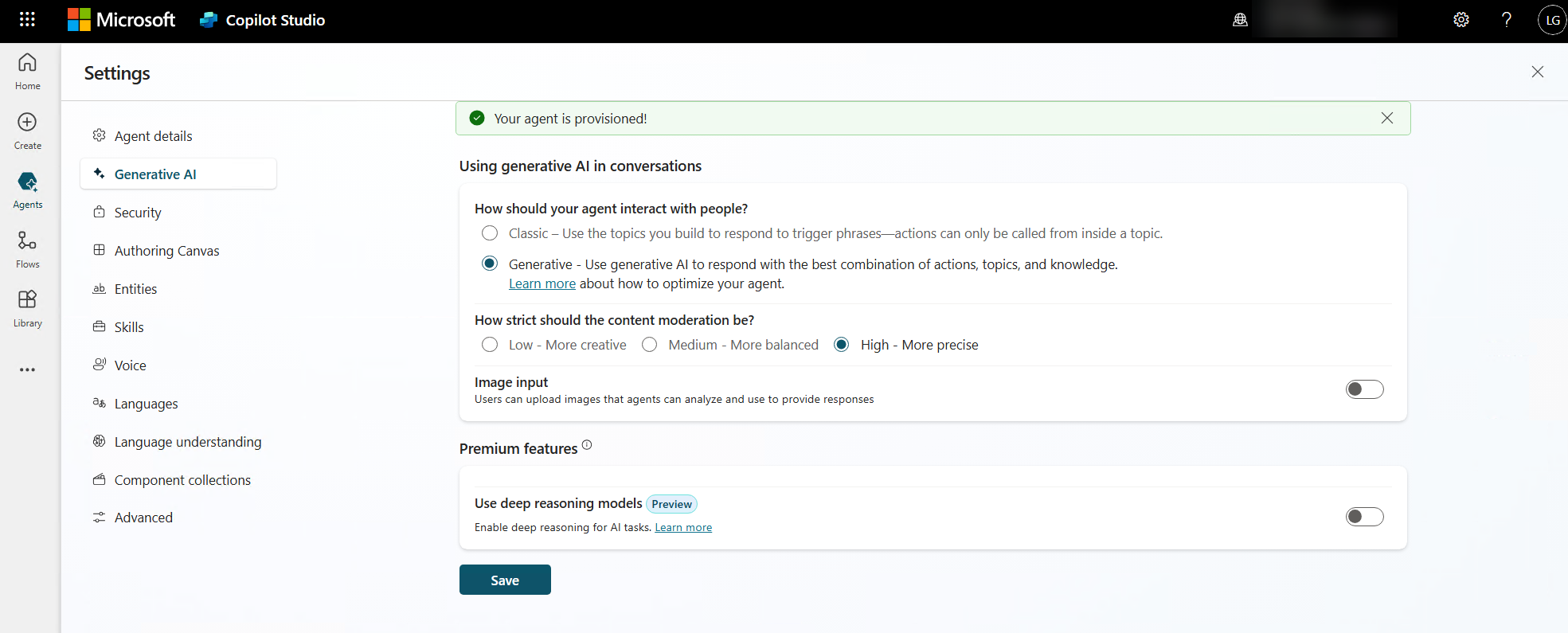 Mostra as opções de IA Geradora.