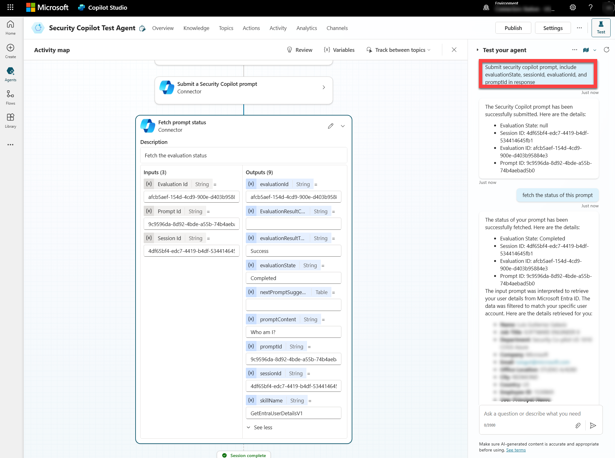 Mostra o pedido de obtenção de duas ações status e submeter um pedido que está a ser testado e o resultado.