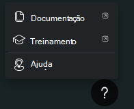Captura de tela mostrando as opções de menu de ícone de ajuda, incluindo documentação e suporte.