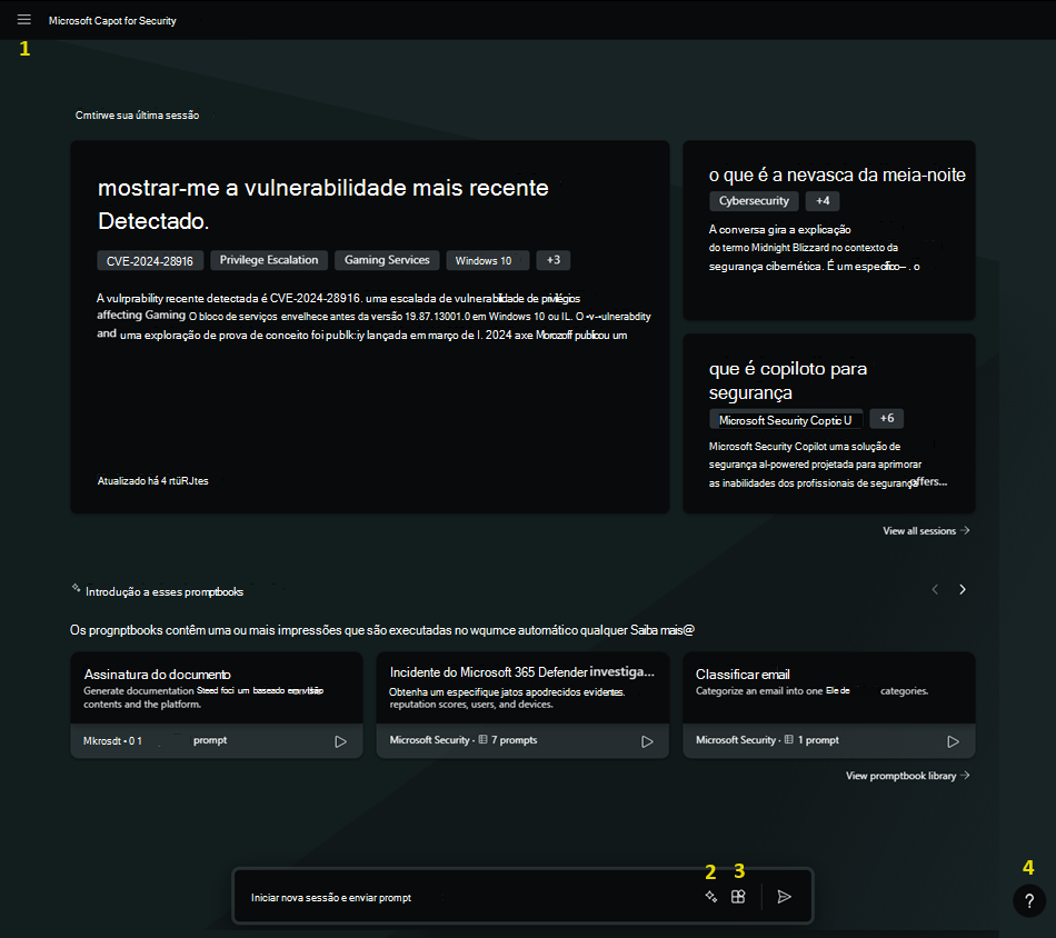 Captura de tela mostrando a tela inicial com locais numerados para menu inicial, plug-ins, barra de prompt e ícone de ajuda.