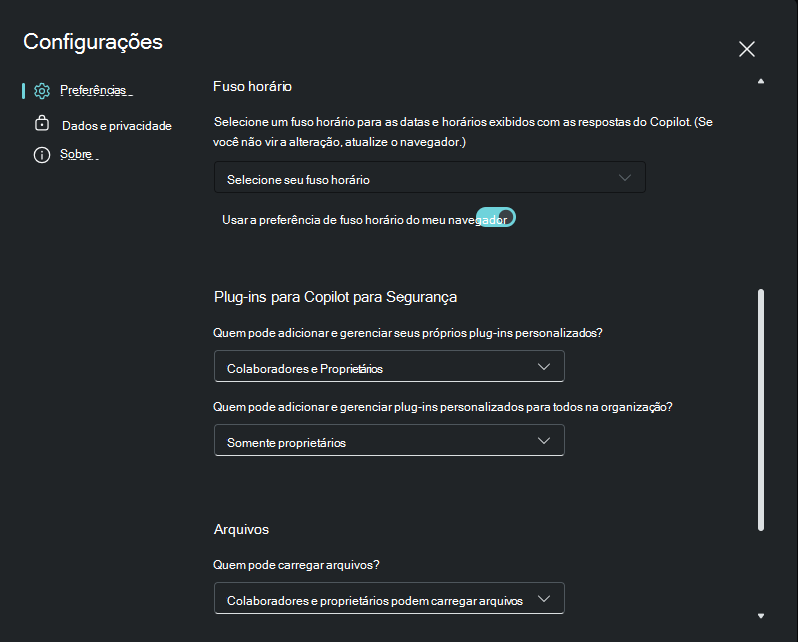 Captura de tela mostrando opções de controle para plug-ins personalizados e plug-ins de primeira parte na versão prévia.