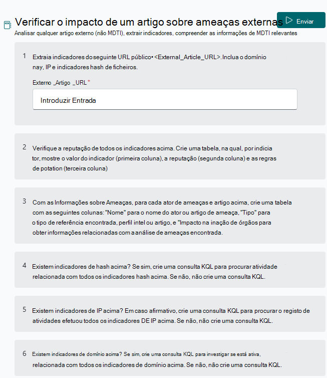 Captura de ecrã a mostrar marcar impacto de um promptbook de artigos sobre ameaças externas.