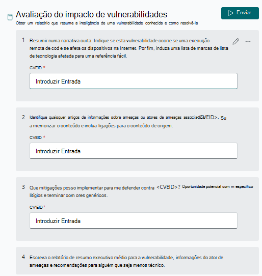 Captura de ecrã do promptbook de avaliação do impacto de vulnerabilidades.