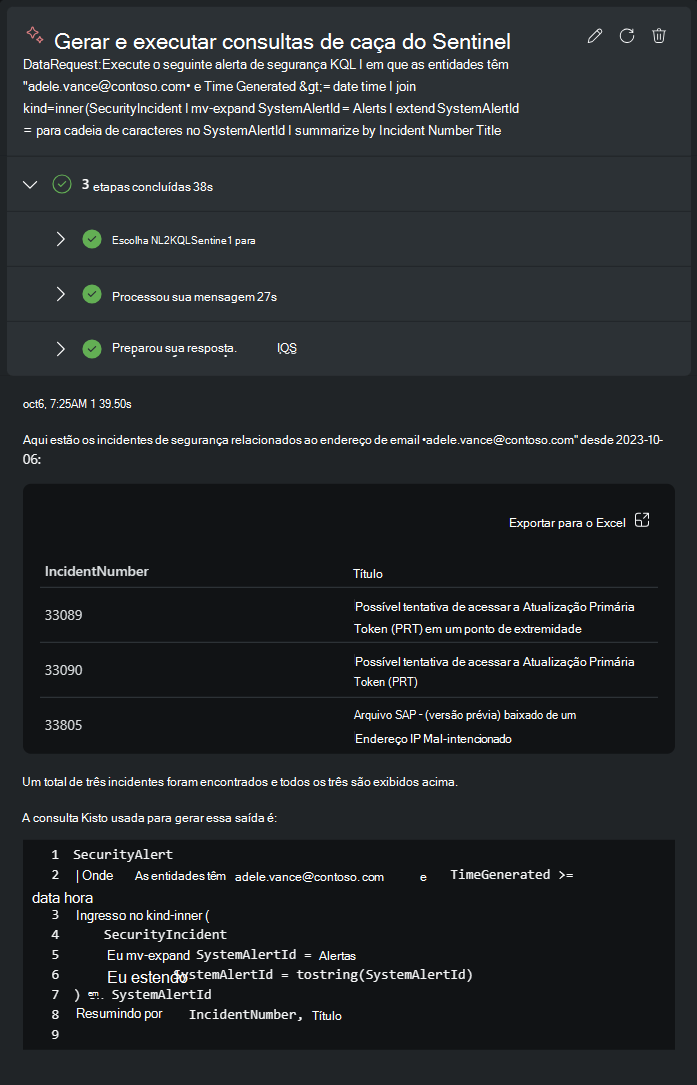 Captura de tela mostrando os resultados da consulta de busca do Microsoft Sentinel.