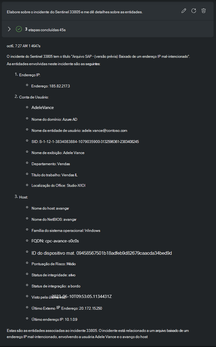 Captura de tela mostrando o resumo do incidente do Microsoft Sentinel.