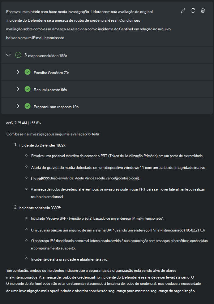 Captura de tela mostrando o relatório de resumo da investigação.